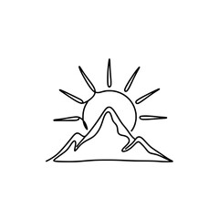 Sunrise over mountain peaks in a single continuous line art drawing style