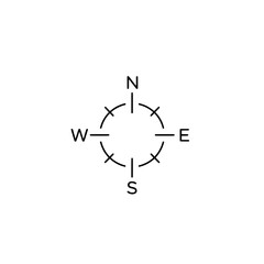 Minimalist outline compass rose icon showing cardinal directions N, S, E, W for navigation