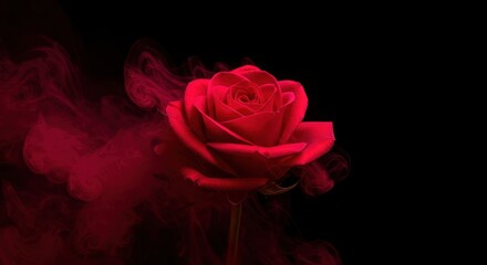 A single, vibrant red rose dramatically engulfed by dense, swirling crimson smoke patterns set against an isolated black background ,elegance ,digital ,smoke
