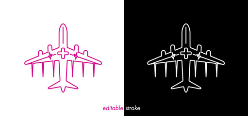 Abstract editable stroke medical airplane with cardiogram, medical cross. Creative line art medical icon to use for health industry, emergency, medical business, hospital, health science projects. 