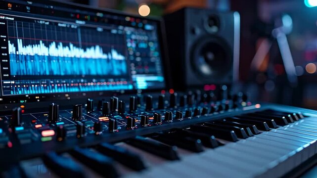 Modern Music Production Studio with Synthesizer and Digital Audio Workstation.
