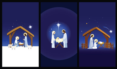 Three vertical Nativity scenes &mdash; Set of three vertical Nativity scenes with Mary, Joseph, and Baby Jesus. Modern Christmas vector art perfect for mobile wallpapers and holiday designs.