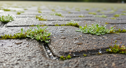Macro wet permeable pavers with moss, sedum, and rain droplets