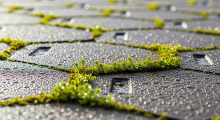 Macro wet permeable pavers with moss, sedum, and rain droplets