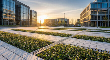 Modern urban plaza with permeable pavers and sustainable design