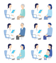 患者を診察する医者のシンプルイラスト素材セット