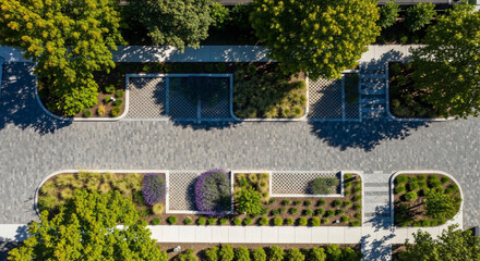 Aerial view of permeable parking, walkway, and stormwater management