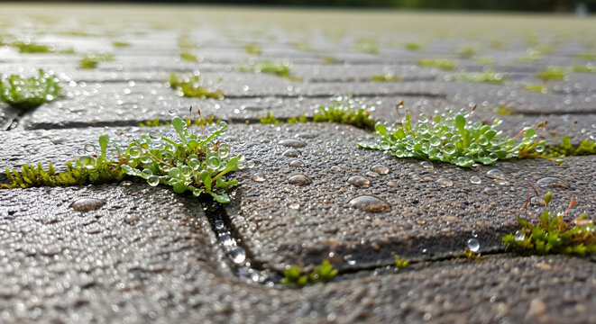 Macro wet permeable pavers with moss, sedum, and rain droplets
