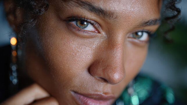 This captivating close-up shows a beautiful woman's striking green eyes and smooth skin, reflecting unique charisma and an intimate moment in great detail.