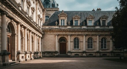 Obraz premium Majestic, ornate exterior of a stately historical structure featuring classical architecture, high stone walls, and formal presentation ,prestige ,security ,heritage