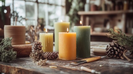 A table with candles of different colors and sizes, including a green one