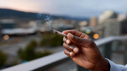 A hand elegantly holds a lit cigarette, releasing smoke in an urban setting, providing a moment of tranquility among the hustle and bustle of the city atmosphere.