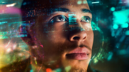 University student using artificial intelligence technology & machine learning. Interactive technology in classroom and office. Digital innovation & smart tech. AI blue hologram	