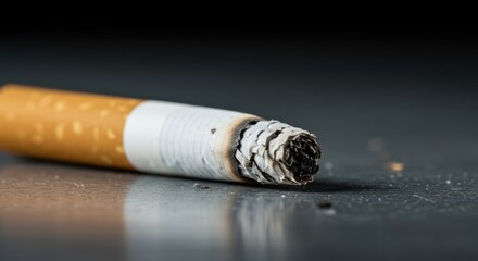 Obraz premium Closeup shot of a discarded tobacco cigarette showing the dark, charred burnt tip and white filter, resting on a dull surface ,warning ,detailed ,gray