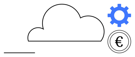 Cloud with euro and gear shapes illustrating conceptual link between cloud technology, finance, and innovation. Ideal for data management, IT, finance, automation, online services, tech economy