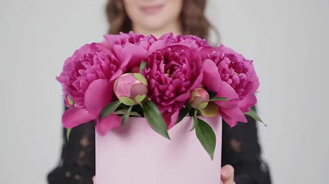 Woman Holding Pink Peony Flower Bouquet in Hatbox on Light Grey Background