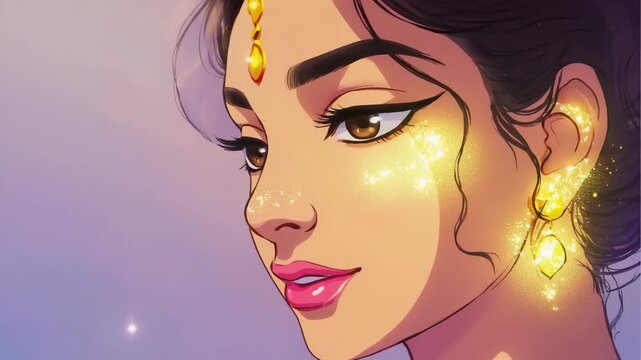 A beautiful girl from India with golden shining sparkles Video illustration 4K