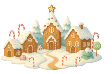 Gingerbread christmas village artwork with snow, candy canes, and festive sweet houses on transparent background