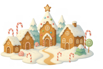 Gingerbread christmas village artwork with snow, candy canes, and festive sweet houses on transparent background