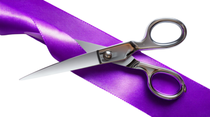Cutting the Ribbon: Scissors poised, slicing through a vibrant purple ribbon, symbolizing a moment of commencement, unveiling, and fresh beginnings.
