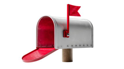 Red Flag Mailbox: The classic image of a silver mailbox with the iconic red flag raised, symbolizing new messages and deliveries. Open mailbox, Ready mail, receive important notification. 