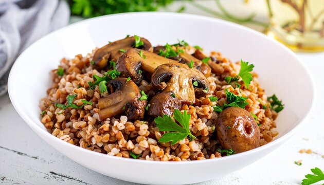 A nourishing dish featuring cooked buckwheat garnished with saut&eacute;ed mushrooms and fresh herbs in a white bowl. Perfect for vegan or vegetarian diets focusing on healthy eating.