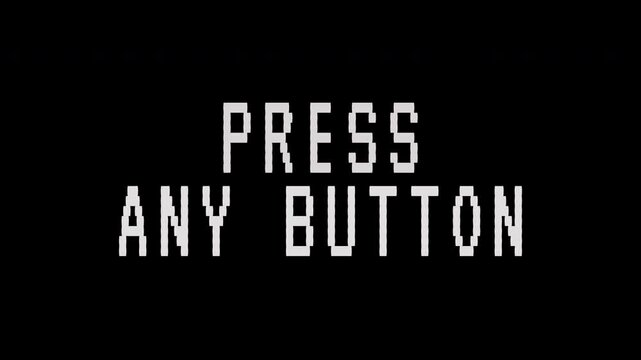 Classic Video Game Press Any Button Message Flickering on a Black Display. 4K video text animation for vintage arcade game intro.