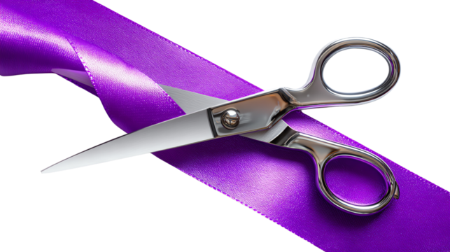 Cutting the Ribbon: Scissors poised, slicing through a vibrant purple ribbon, symbolizing a moment of commencement, unveiling, and fresh beginnings.