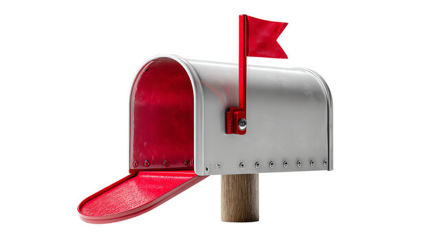 Red Flag Mailbox: The classic image of a silver mailbox with the iconic red flag raised, symbolizing new messages and deliveries. Open mailbox, Ready mail, receive important notification.  - Powered by Adobe