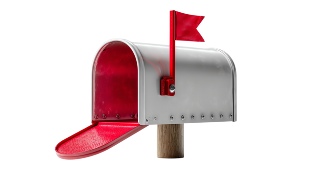 Red Flag Mailbox: The classic image of a silver mailbox with the iconic red flag raised, symbolizing new messages and deliveries. Open mailbox, Ready mail, receive important notification. 