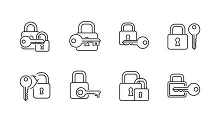 Modern outline style icons of keys and locks, representing security, access, and digital protection. This set includes various combinations of padlocks and keys, suitable for apps, social networks