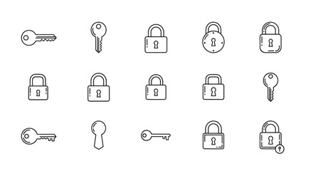 Set of outline icons for keys and locks, symbolizing security, access, and privacy. These minimalist vector graphics are perfect for web design, app interfaces, advertising, and various card designs