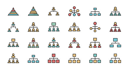 A vibrant collection of minimalistic linear pictograms representing organizational hierarchies, perfect for web design, graphic design, app development, banners, social networks, and cards. These