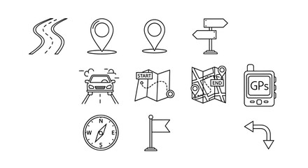 Vector cartoon illustration of a route, road, and map pin outline, perfect for graphics, web design, apps, adverts, and various cards, presented on a clean white background for versatile use in