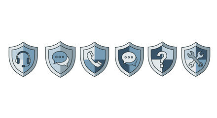 Set of six minimalistic shield icons representing customer support services: headset, chat bubbles, telephone, question mark, and tools, designed for web, graphic design, apps, banners, social