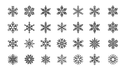 A collection of 24 unique, minimalistic snowflake icons presented on a black background, featuring editable stroke lines and a clean, linear pictogram style perfect for winter-themed designs, holiday