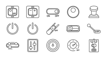 Set of On and Off Switch Related Line Icons, Outline Signs for Graphic and Web Design, Apps, Advertisements, Various Cards, Vector Cartoon Illustration with a White Background. Collection of Simple