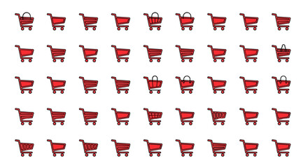 Seamless pattern of red shopping cart icons on a black background, featuring minimalistic linear pictograms ideal for web design, graphic design, app interfaces, banners, social networks, and cards