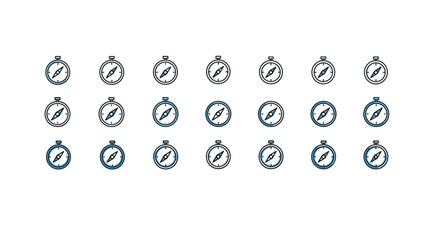 Set of blue compass icons with a minimalist linear pictogram style, perfect for web design, graphic design, apps, banners, social networks, and cards, representing navigation, direction, and