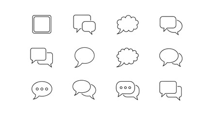Collection of minimalistic linear speech bubble pictograms for web and graphic design, apps, banners, social networks, and cards. This vector cartoon illustration features various dialogue box