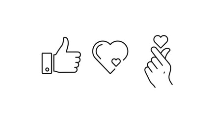 Set of three outline icons representing social media engagement: a thumbs-up gesture for approval, a heart icon symbolizing love and affection, and a hand forming a heart shape, often associated with