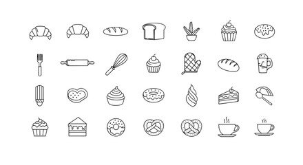 A comprehensive collection of bakery and baking line icons, featuring simple outlines of pastries, bread, and desserts. These versatile symbols are ideal for food menus, website design, and culinary