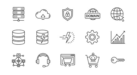 A meticulously curated collection of editable line icons representing web hosting services, presented on a clean white background, ideal for digital design projects and technology-themed