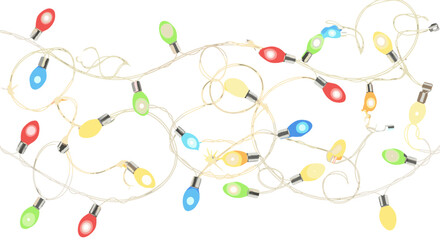 Vibrant and colorful glowing Christmas garlands with realistic light bulbs, perfect for holiday decorations, banners, and festive designs. This vector graphic features a variety of bright