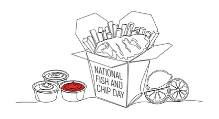 Continuous line drawing of classic fish and chips served in a takeaway box with sauces and lemon slices, representing National Fish and Chip Day, a popular British meal, presented in a minimalist