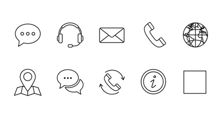 Contact Us Line Icons Set: A collection of essential web icons in a clean, minimalist line style, featuring chat bubbles, support headphones, email envelope, telephone handset, global earth, location