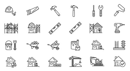 A comprehensive collection of modern, thin-line editable vector icons representing construction, renovation, and building processes, featuring essential tools, equipment, and architectural elements