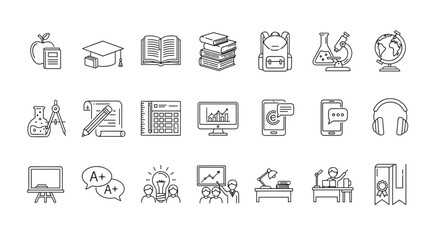 Comprehensive Education and E-Learning Icon Set: Featuring Essential Learning Tools, School Supplies, Student and Teacher Graphics, Scientific Instruments, E-books, and More for Modern Educational