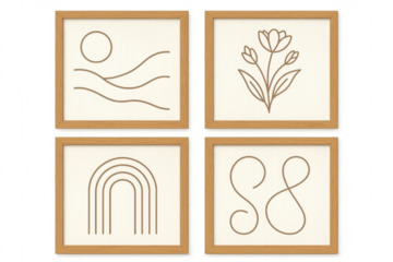 Boho minimalist framed wall art line drawing set