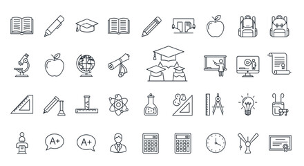 A comprehensive collection of thin outline icons representing education, learning, school, lessons, and online education, perfect for UI design, vector illustrations, and educational materials